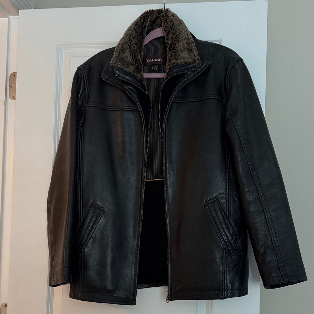 Black Leather Jacket with Faux Fur Collar